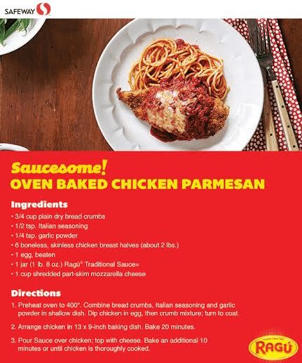 Safeway Ragu Easy Oven Bakes Chicken Parmesan Recipe for easy weeknight meal ideas