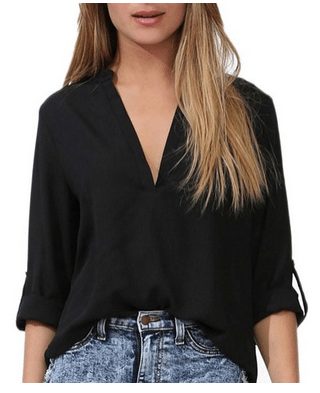 V Neck Chiffon Shirt Foldable Sleeve Casual Blouse - A Thrifty Mom