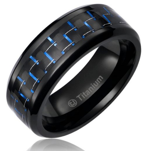 Black titanium ring blue carbon fiber wedding band