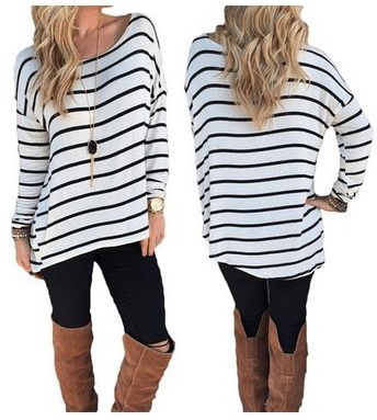Round Neck Striped Stretch Basic T Shirt Tops Long Sleeve Blouse