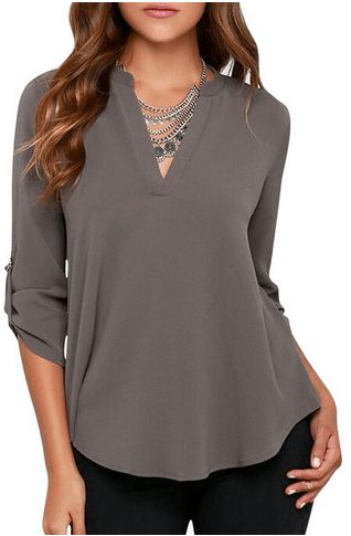 Plus Size V Neck Cuffed Sleeve Blouse Shirts Tops