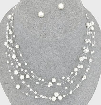 6 Strand Cream Classic Illusion Galactic Pearl Bridal Necklace and Earrings Set