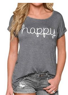 Women Gray Loose Happy Printing Short T-Shirt