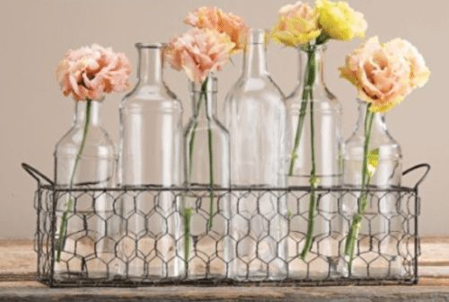 Flower Vases And Wire Basket - Set Of Six