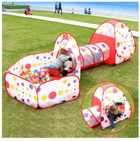 Pop up Kids Play Tent with Tunnel and Ball Pit Indoor and Outdoor Easy Folding Cute Polka Dot 3 in 1 Play House Children's Playground with Zippered Storage Bag