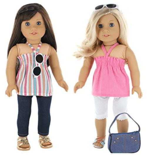 7 Pc. Casual Everyday Outfit Set Fits 18 Inch Doll Clothes Includes- X2 Pants, X2 Tops, Headband, Sun Glasses and Pocketbook