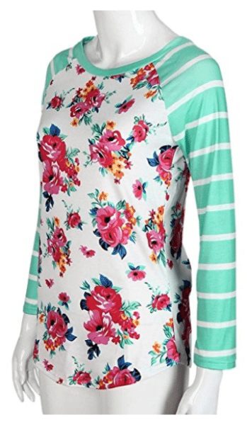 Women Striped Floral Long Sleeve Round Neck Shirt Top Blouse