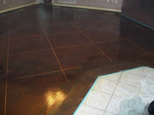 DIY Concrete Stained Flooring step by step tape design restain