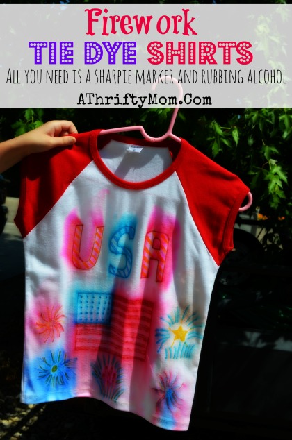 Tie dye Shirts with sharpie markers, make Fire Work shirts for the 4th of July all you need is a sharpie, and a spraybottle #TieDie, #DIY, #Crafts, #Kids