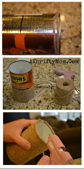 Fall flower vase made out of a tin can and jute twine, made the whole thing for under a dollar. Fall Craft ideas, great for Super saturday projects #DIY, #Crafts