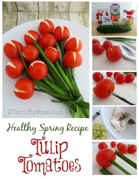 Healthy Spring recipe Tulip Tomatoes, fun vegetable side dishes, garden party recipe ideas, Summer food, DIY Tomatoes and green onions
