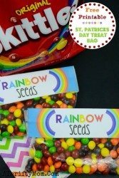 St Patricks Day Crafts For Kids, Treat Ideas for St Patty's Day. FREE PEINTABLE RainbowSeeds, Skittles Rainbow bag topper