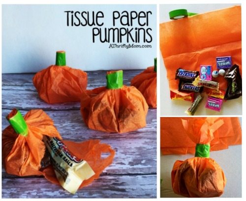 Easy Halloween or Thanksgiving treats , perfect for school parties. Tissue paper Pumpkins, kids crafts made easy
