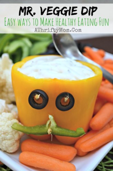 Healthy Eating made FUN for kids with Mr. Veggie Dip, creative vegetable patter ideas for parties or Halloween, Easy finger food for kids and adults