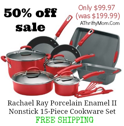 Categories Rustically styled and crafted from durable aluminum with enamel porcelain exteriors, this twelve-piece cookware set from Rachael Ray is a handsome and practical addition to any kitchen.
