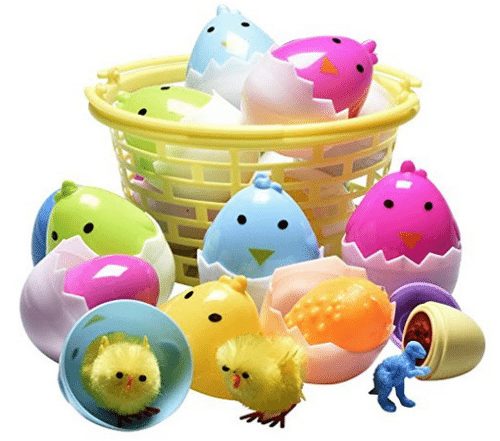 Easter Filled Chicken Shaped Eggs in Easter Basket - A Thrifty Mom