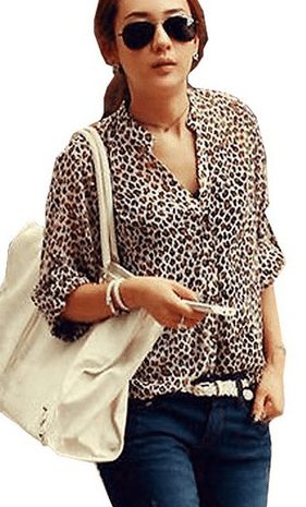 Chiffon Womens Casual Leopard Shirt Three-Quarter Sleeved Blouse Shirt - A Thrifty Mom