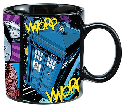 Dr Who comic mug, dark mug, wobbly, timey wimey charm, dr who party