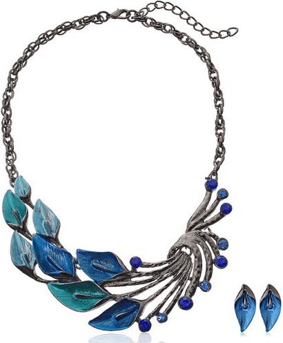 Ethnic Style Tibetan Silver Blue Peacock Crystal Chunky Bib Earrings Necklace Set