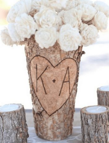 Wedding decor on a budget,  personalized wood flower vase, country shabby shic decor, outdoor party table toppers