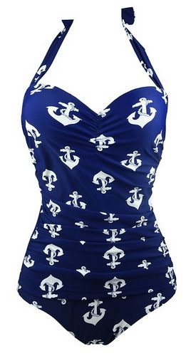 50s Retro Navy Blue White Anchors One Piece Womens Swimsuit - A 