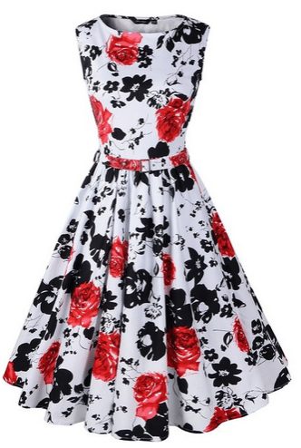 Hepburn Style 1950s Floral Rose Pattern Swing Circle Party Dress