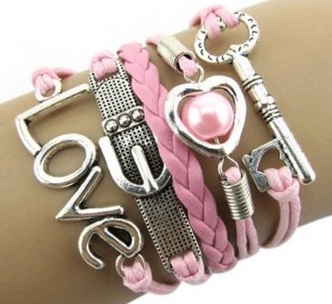 leather bracelet with love theme with pink, girls camp or secret sisiter gift idea, teen girl party favors