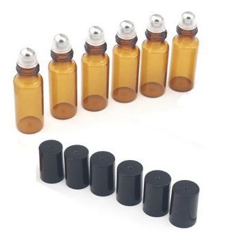Amber Glass Roller Bottles--Set of 6 with With Mental Ball for Essential Oil,Aromatherapy,Perfumes and Lip Balms