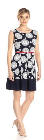 Cap Sleeve Puff Print Fit and Flare Navy & White Dress