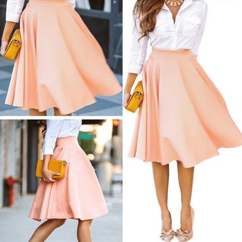 High Waist Polyester Swing Pink Solid Pleated Skirt