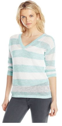Stripe Mesh V-Neck Pull-Over Sweater