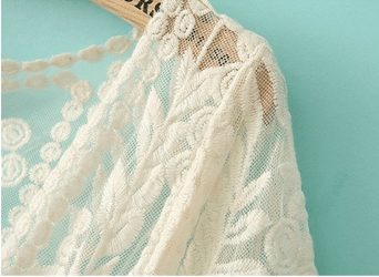 White Short Sleeve Crochet Net Lace Cardigan Close up
