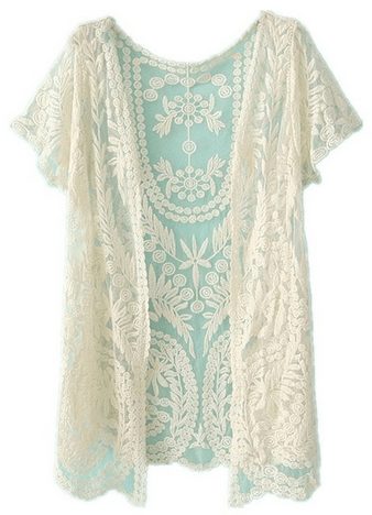 White Short Sleeve Crochet Net Lace Cardigan