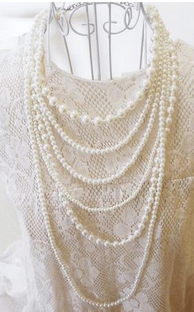 Long 6 Row White Faux Pearls