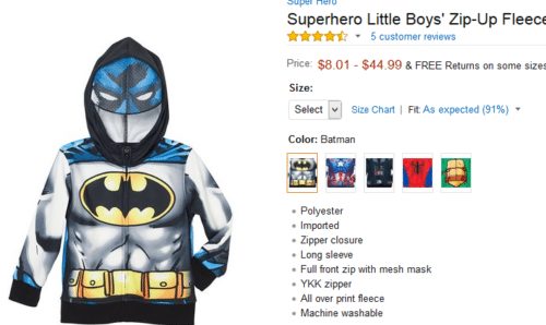 Super Hero Little Boys Zip-Up Fleece Hoodie with Mesh Mask