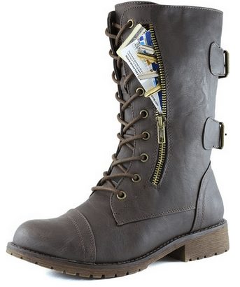 Women's Military Combat Lace up Mid Calf High Credit Card Knife Money Wallet Pocket Boots