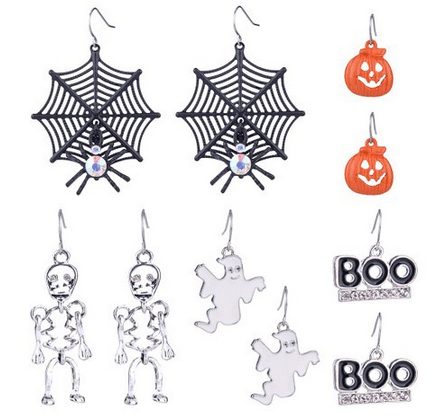 Halloween Theme 5 Pairs Drop Earrings Spider Web Pumpkin Skeleton Skull Boo