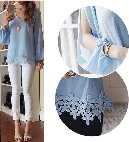 Light blue lace accent top blouse long sleeve