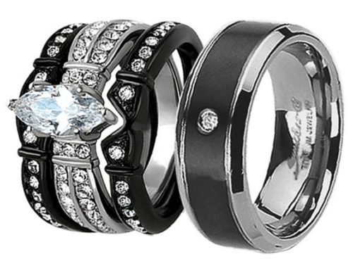 black titanium diamond women men matching wedding set