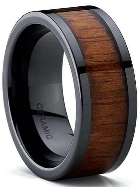 black titanium wood inlay mens ring