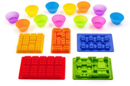 17 Piece Set- 5 Silicone Lego Molds For Jello, Chocolate, Candy, Cupcake Toppers, Cakes, Crayons, Ice, Fondant, Jello Shots & Candles- PLUS 12 Silicone Cupcake Liners & Recipe eBook