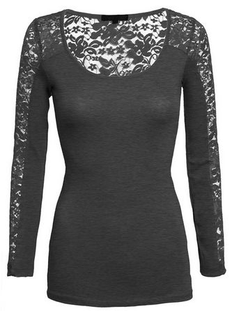 Lace Inset Long Sleeve Comfort Slim Fit Fashion Top