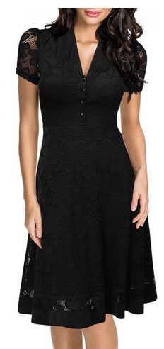 Women's Cap Sleeve 1950s Style Vintage Black Lace A-line Dress