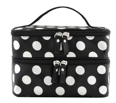 Cosmetic Bag Double Layer Dot Pattern Travel Toiletry Bag Organizer With Mirror