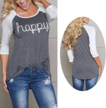 Women Casual Loose Long Sleeve Cotton Blouse Tops Happy Print T-shirt
