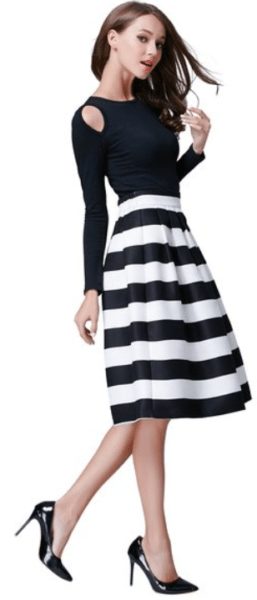 Women's High Elastic Waist Flare Pleated A-line Midi Skirt