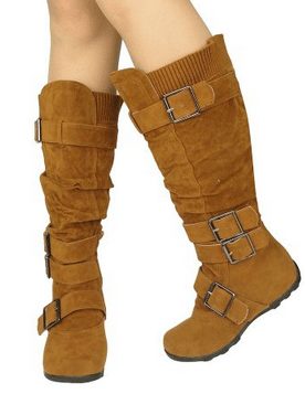 Womens Knee High Boots Ruched Leather Buckles Knitted Calf1