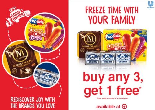 Unilever IceCream is buy 3 get one free at Target Stores, till Sept 10th, AD