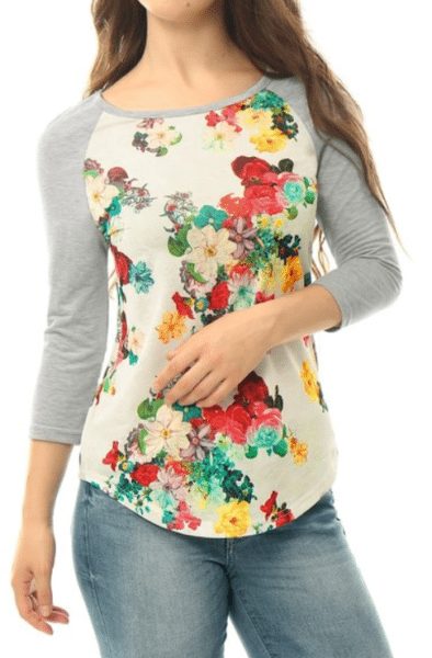 Allegra K Women Floral Prints Raglan Sleeves Paneled Tee Shirt