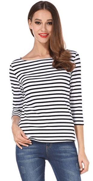 womens-three-quarter-sleeve-boat-neck-striped-relax-fit-tee-shirts